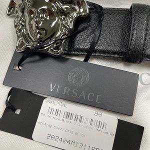 Versace Medusa Belt. Gun Metal / Black Pebble Leather. Size 90 34-36. NWT.